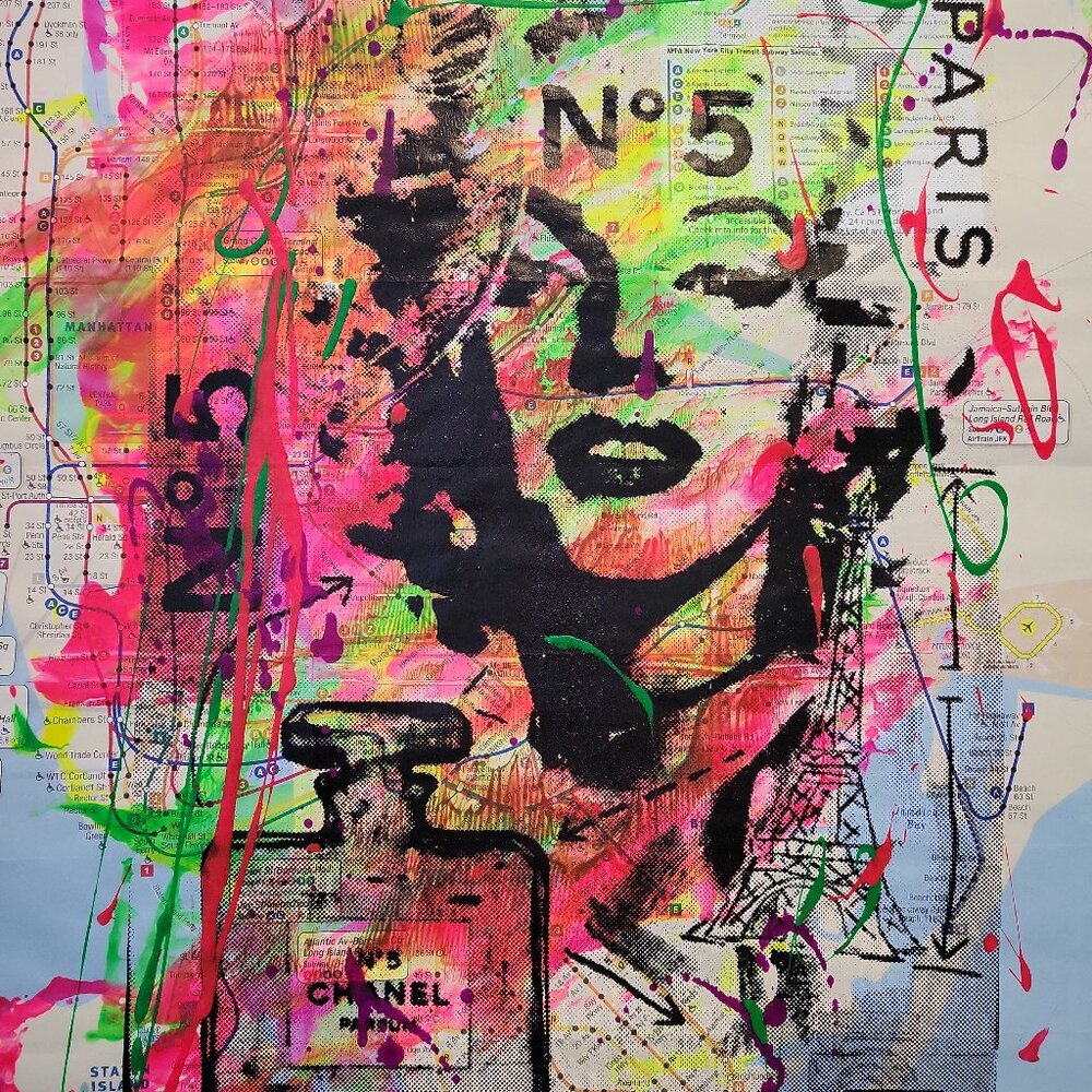 💋 Handpainted  Marilyn Monroe Chanel Acrylic Art Painting on NYC Subway Map
